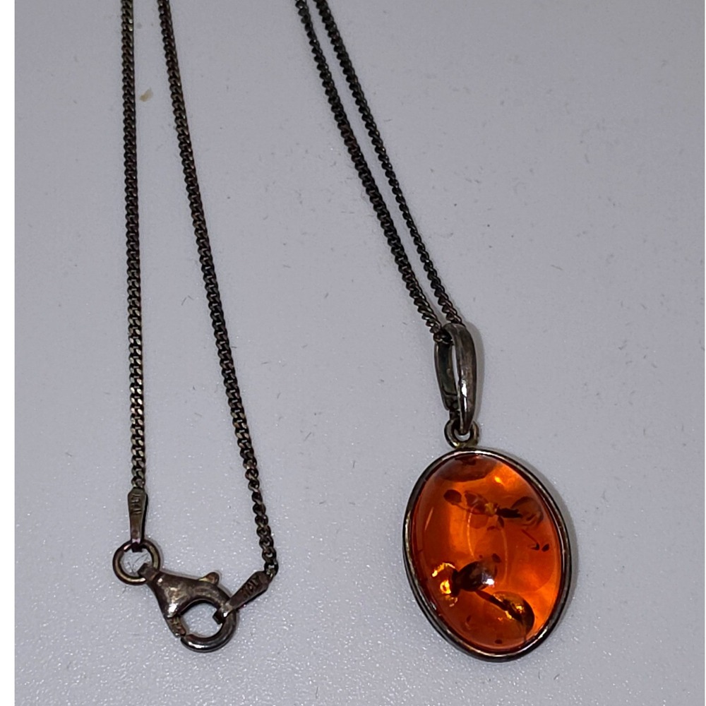 Unbranded Amber Pendant Necklace 18in Cognac Fair 925 Italy Vintage